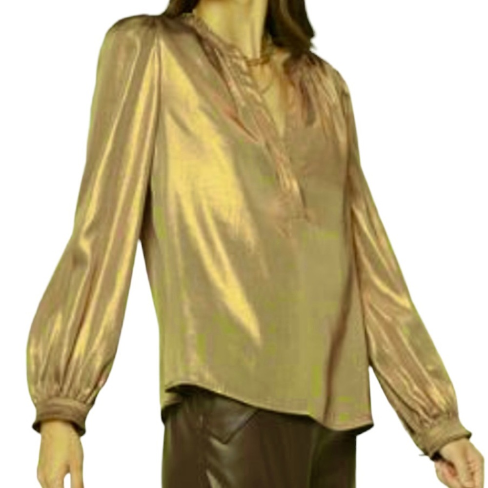 Current Air Metallic Buttoned Collar Smocked Slee… - image 1